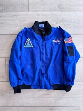 Aeromax NASA Mens Blue Canvas Flight Bomber Jacket Space Aviator Utility Size S